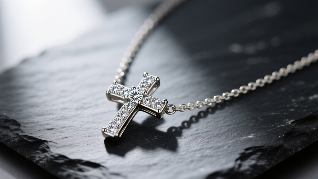 Elegant close-up of a 14k white gold ladies diamond cross necklace resting on dark slate, highlighting VS1 clarity pave stones.