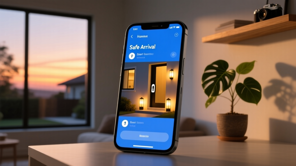 Smartphone screen displaying a home automation app with a Safe Arrival routine configuring smart locks and porch lights at dusk