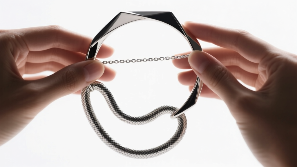 Hands threading a silver snake chain lariat necklace through a geometric metal hoop, macro shot on a bright white background