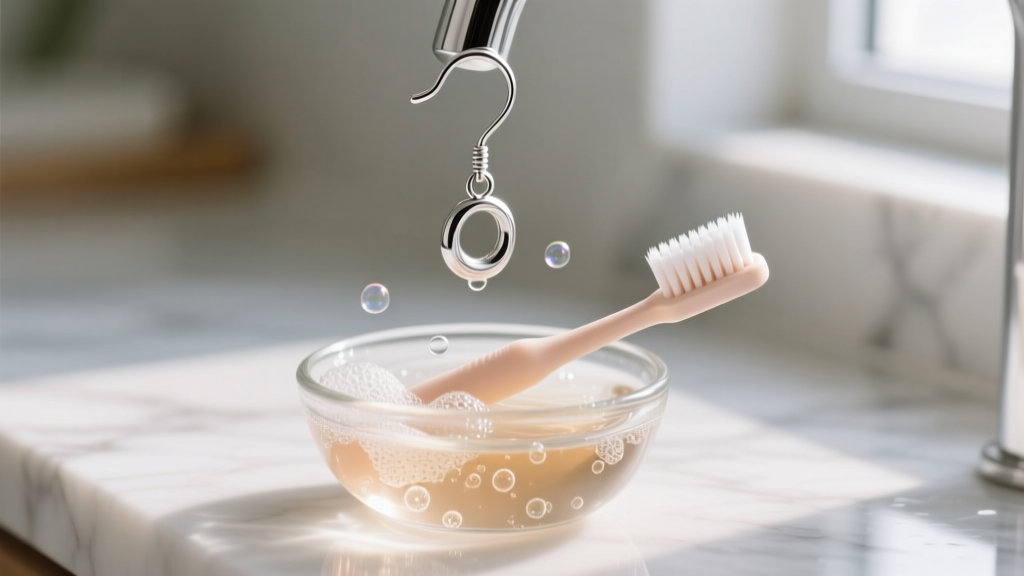 Soft-bristled baby toothbrush gently scrubbing a sterling silver hanger earring hook in a small glass bowl of warm soapy water.