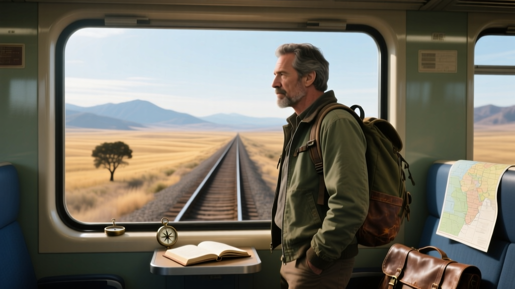 Route for Less writer looking out the window on a train