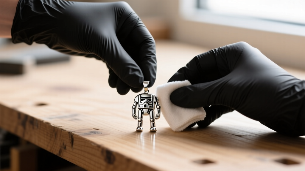 Hands wearing black nitrile gloves polishing a stainless steel Star Wars pendant with a microfiber cloth over a wooden workbench