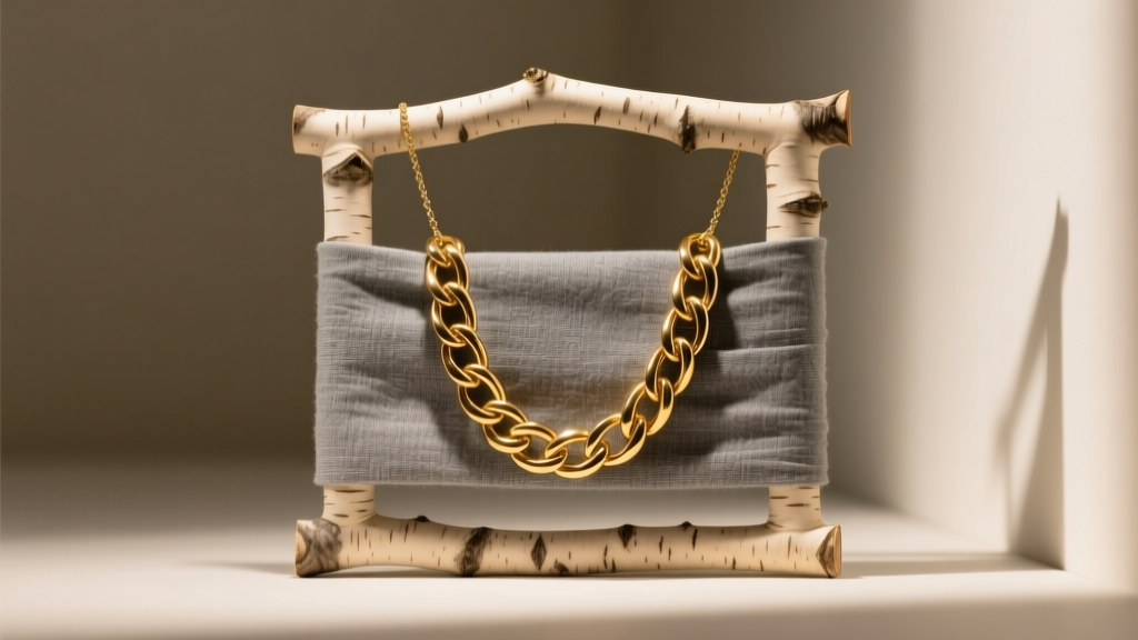 Custom Baltic birch necklace display wrapped in grey archival fabric, holding a heavy gold chain under soft warm gallery lighting.