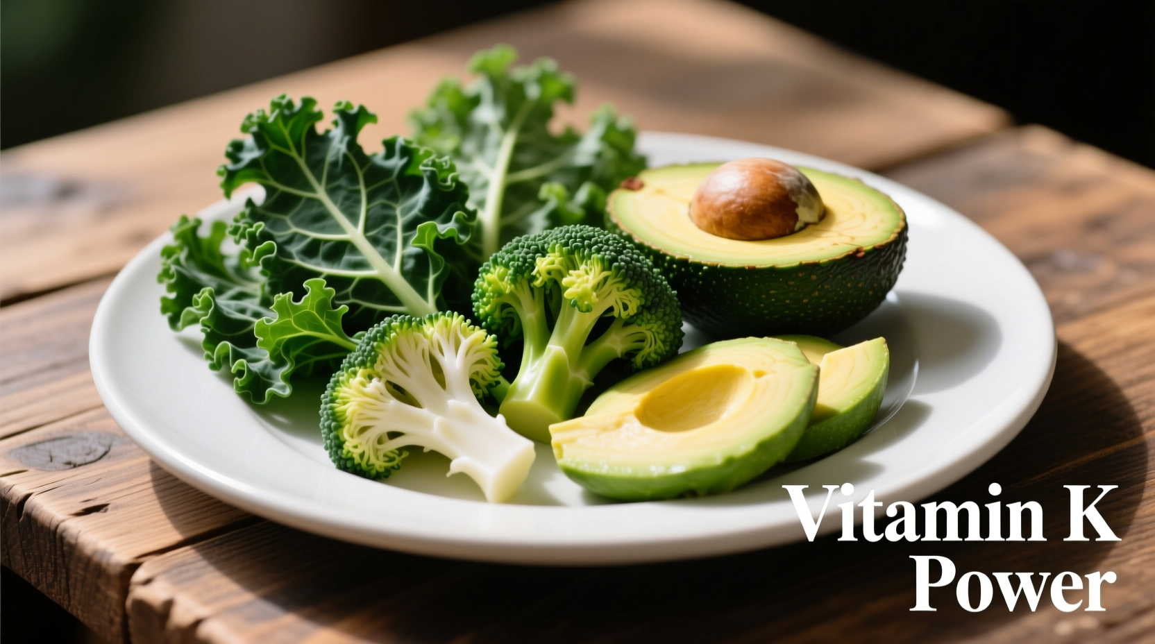 Colorful plate of vitamin K-rich foods including kale, broccoli, and avocado