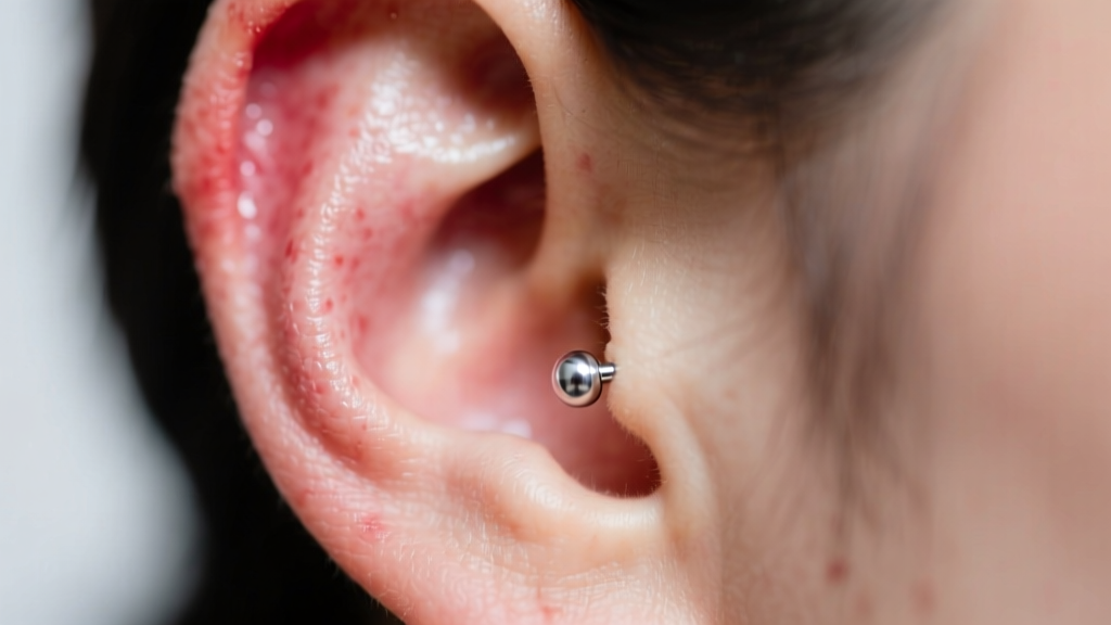 Close-up of an inflamed earlobe with a 20-gauge titanium stud, under soft clinical lighting against a blurred background.