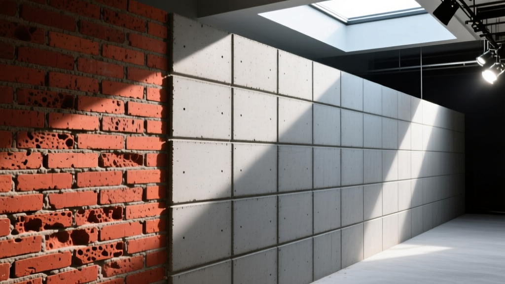Masonry wall showing red clay brick on the left and gray 8-inch concrete masonry units on the right under bright construction site lighting