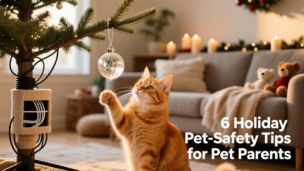A cat gently batting a shatterproof ornament on a low-hanging branch of a secured Christmas tree, with electrical cords safely tucked away