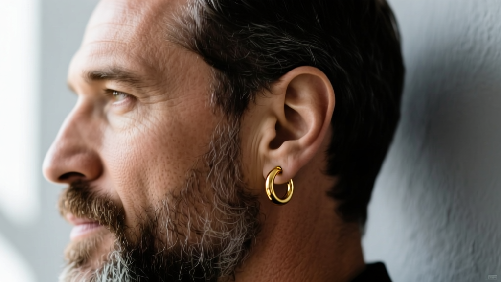 Side profile of a bearded man wearing a 15mm polished 14k gold hoop in his helix piercing, illuminated by soft window light.