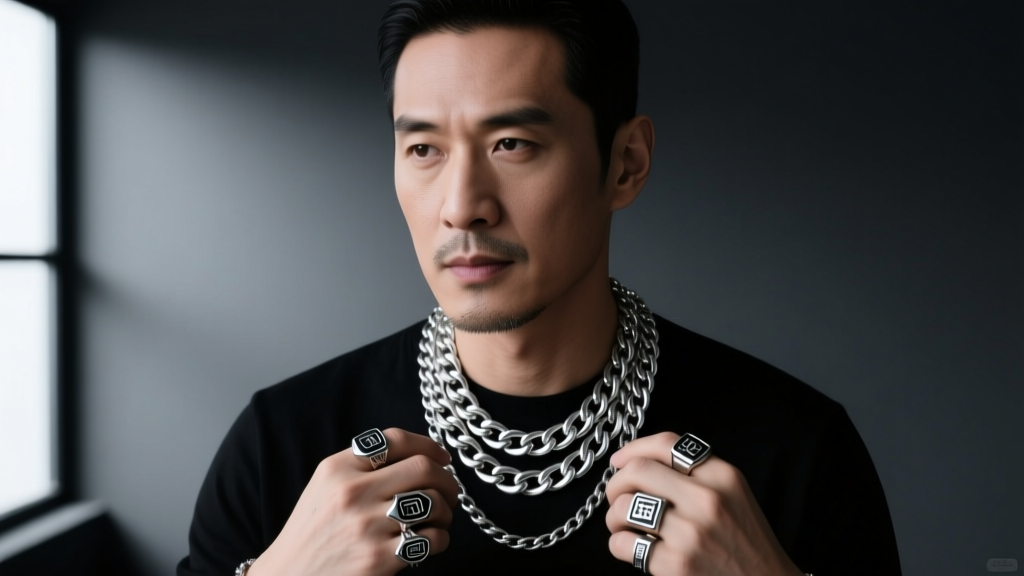 Man wearing layered silver Cuban link chains and signet rings, inspired by virtual fashion, against a moody studio backdrop.
