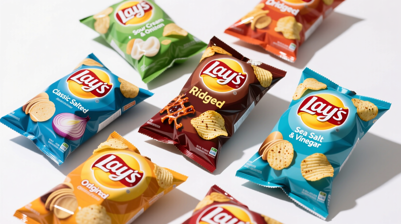 Assorted hot Lay's potato chip varieties on white background