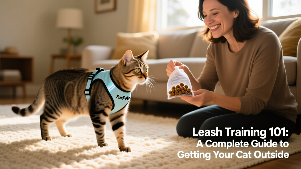 A cat wearing a FurPetVo harness walking beside its owner on a living room rug, with treats visible in the owner's hand