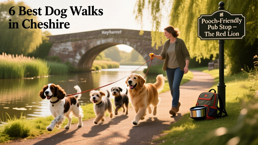 Dogs enjoying a breezy walk along the River Weaver towpath near Nantwich, with Hayhurst Bridge in view