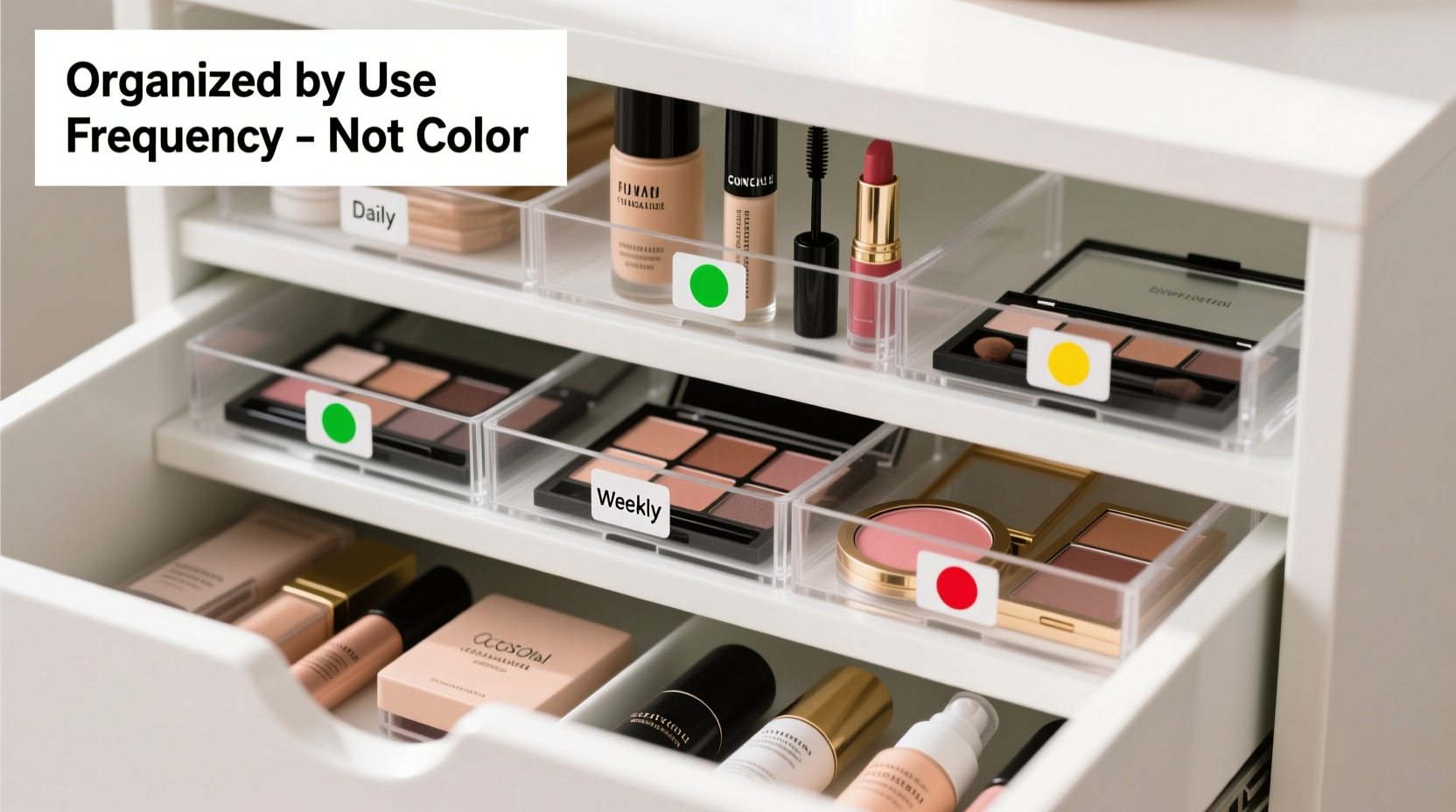 how to organize a makeup drawer by frequency of use not color