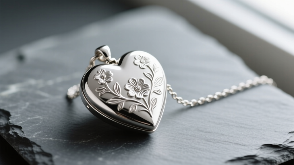 Macro shot of a sterling silver heart necklace locket on slate, showing intricate floral engravings and a delicate 1mm box chain.