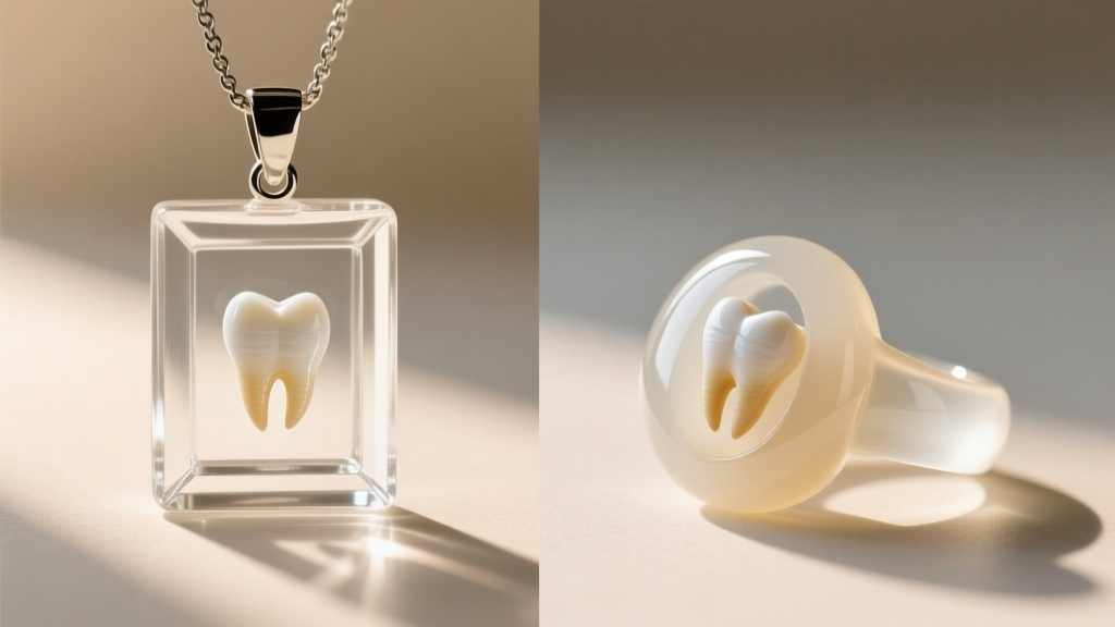 Side-by-side comparison of a borosilicate glass memorial pendant and a cast epoxy resin ring, both holding tiny milk teeth inside.