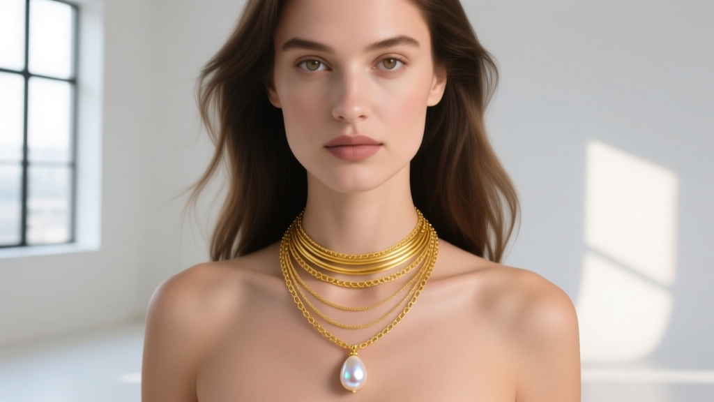 Model wearing a layered lariat necklace in 14k yellow gold, featuring delicate chains and a long Y-drop pearl.