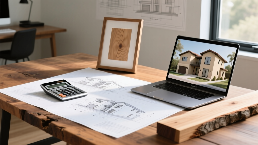Blueprints on a wooden table next to a calculator, framing lumber, and a laptop displaying a 3D model of a modern California stucco home