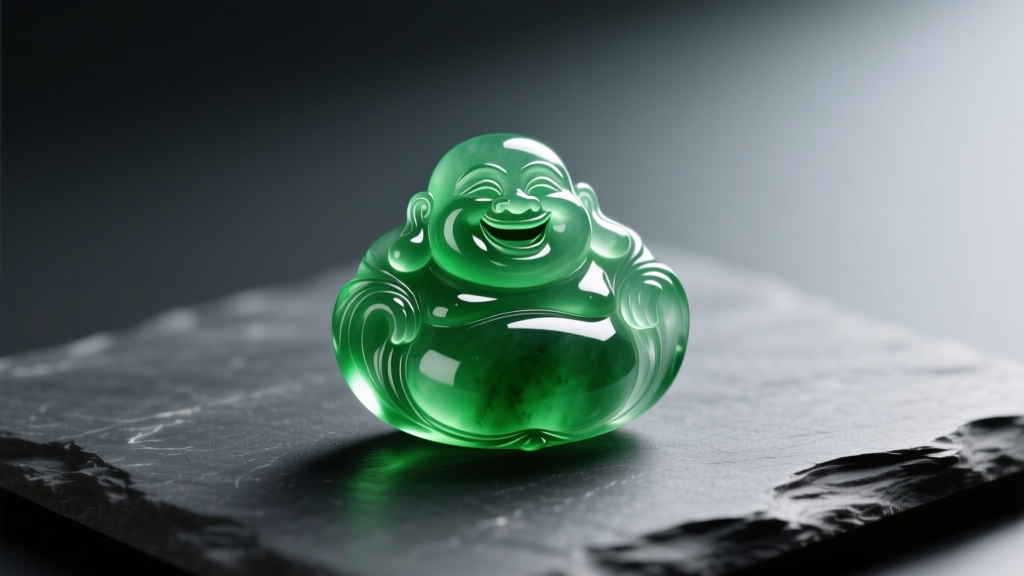 Translucent imperial green jadeite Laughing Buddha pendant resting on dark slate, illuminated by soft directional studio lighting