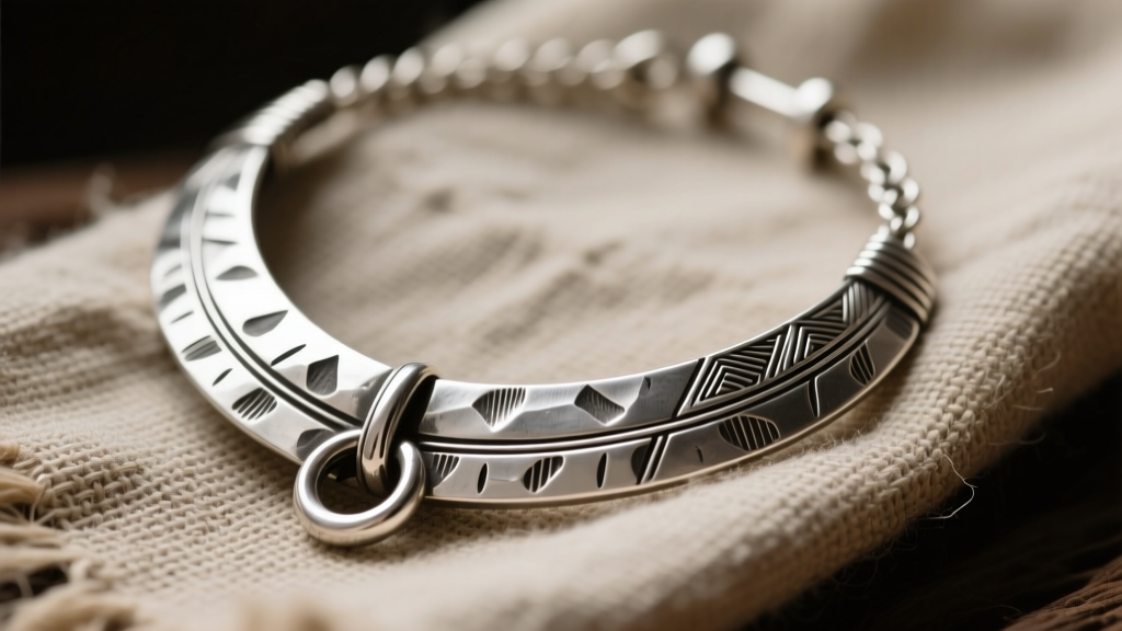 Karen hill tribe silver toggle necklace showing 999 fine silver hammer marks and oxidation, draped over raw linen fabric.