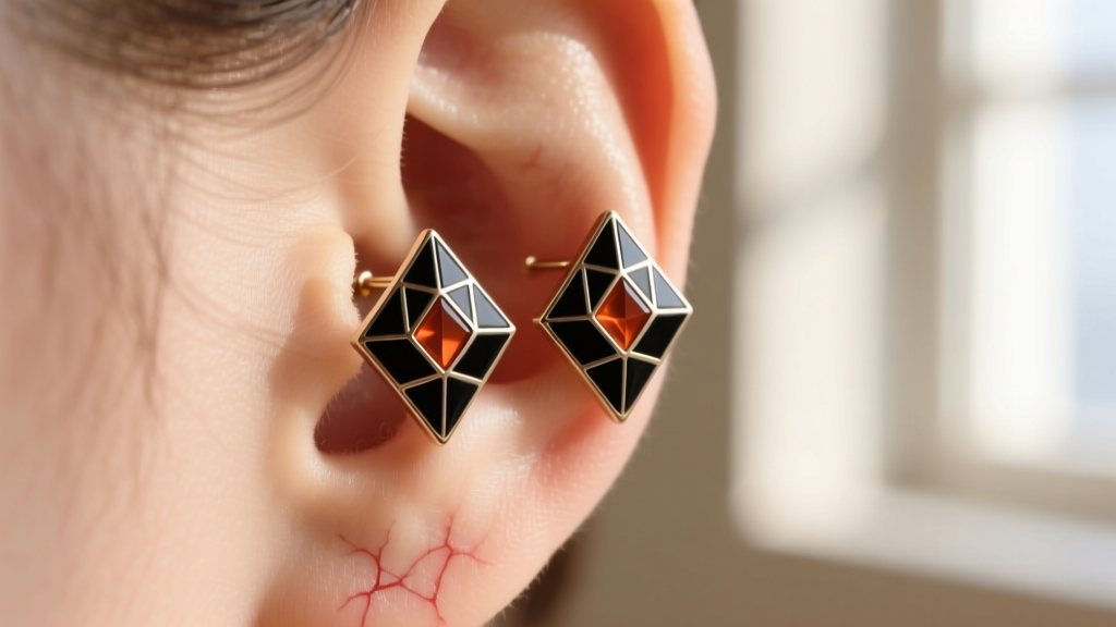 Macro photo of geometric pietra dura stud earrings with black onyx and carnelian inlay, worn on a freshly pierced ear lobe.