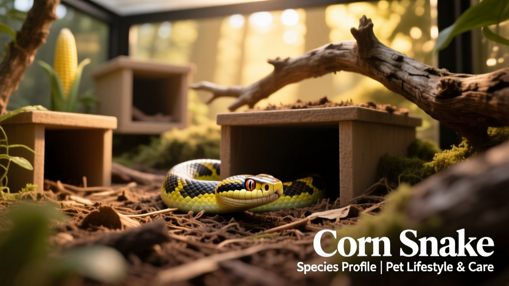Well-set-up corn snake enclosure with hide boxes, branch, and substrate showing natural burrowing behavior