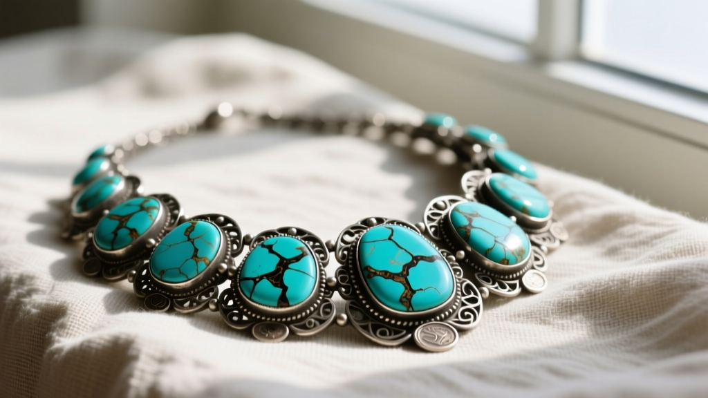 Close-up of an antique turquoise necklace with dark Bisbee matrix stones set in tarnished coin silver, resting on a linen cloth.