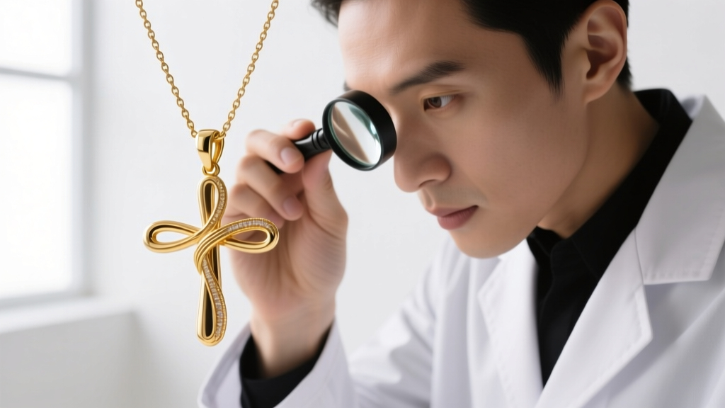 Jeweler using a loupe to inspect the laser-welded solder joint where the infinity loop meets the crossbar on a 10k gold pendant.