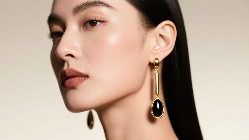 Profile of a woman wearing 14k gold long dangling earrings with onyx drops against a soft studio backdrop highlighting the jawline