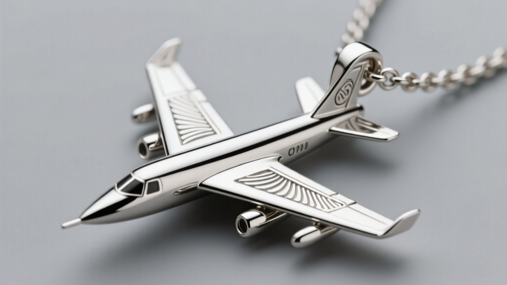 Macro photography of a sterling silver commercial jet pendant showing intricate wing detailing and a secure lobster clasp.