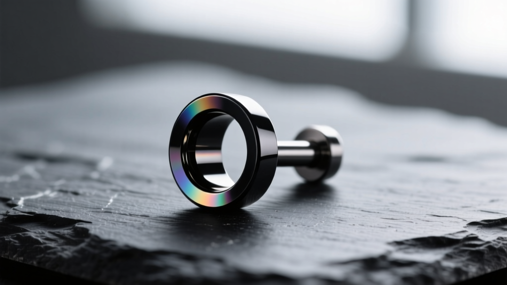 Macro shot of a 16-gauge ASTM F136 titanium flat-back labret with black ruthenium PVD coating, resting on a dark slate surface