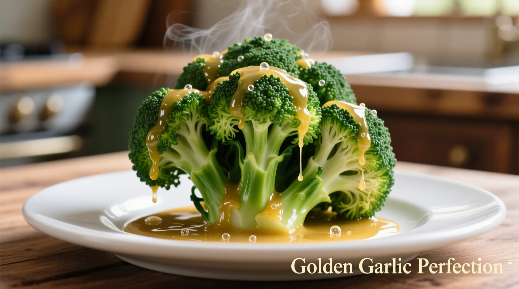 Perfectly cooked broccoli with golden garlic sauce