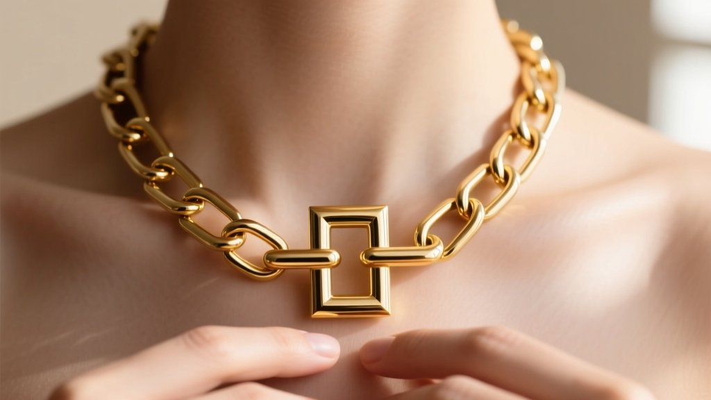 Close-up of a 14k gold paperclip chain featuring a large, decorative T-bar toggle clasp resting centrally on a model's collarbone
