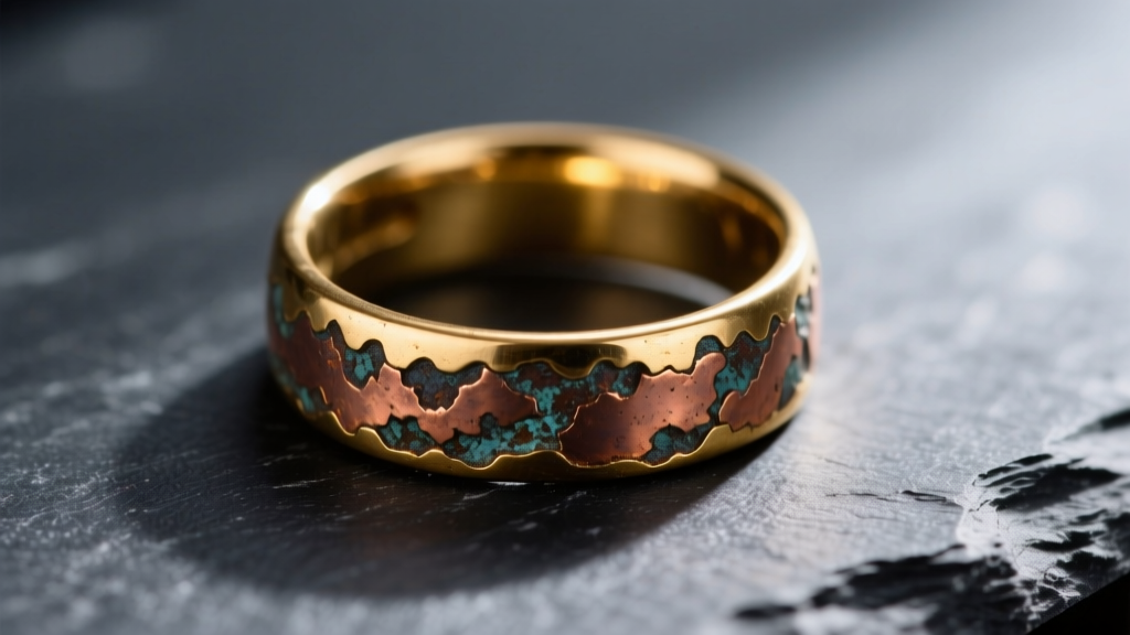 Macro shot of a tarnished gold-plated brass ring revealing dark copper base metal underneath, resting on a dark slate surface.