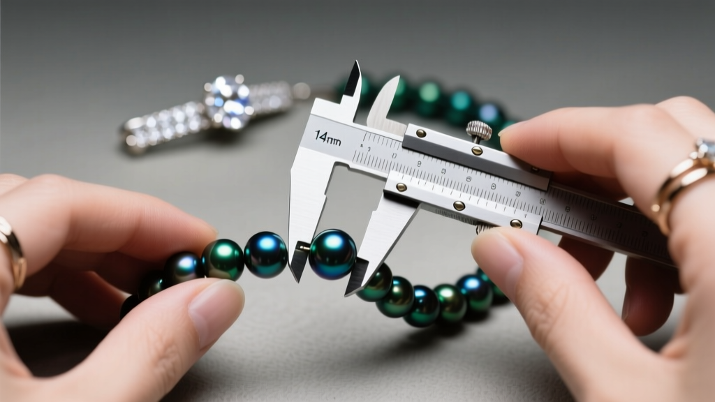 Jeweler hands using calipers to measure a 14mm dark peacock Tahitian pearl strand, with a diamond clasp visible in the soft blur.