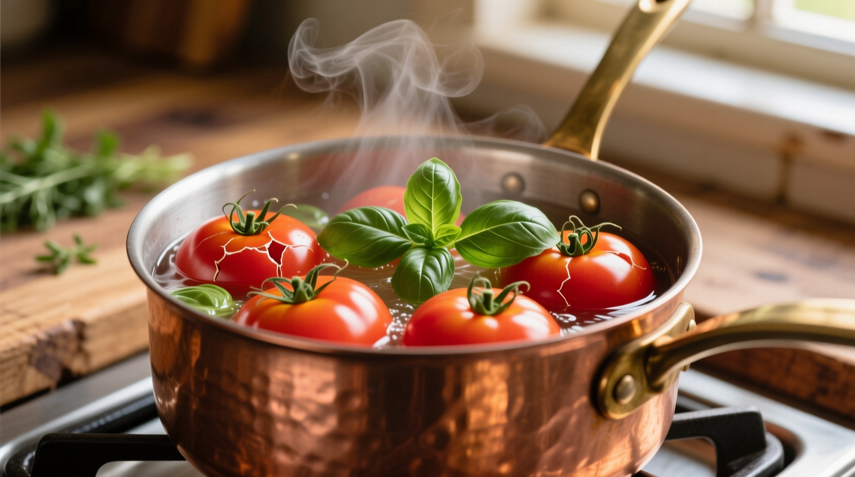 Fresh tomatoes simmering in copper pot with basil