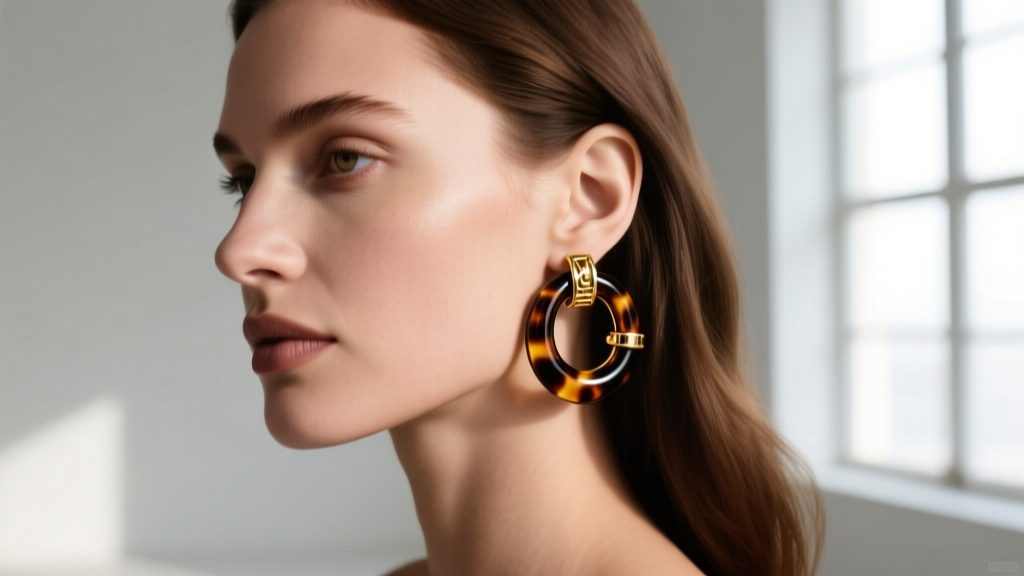 Woman wearing 40mm tortoiseshell acetate hoops, highlighting the gold-filled hinge and secure fit on the ear lobe.