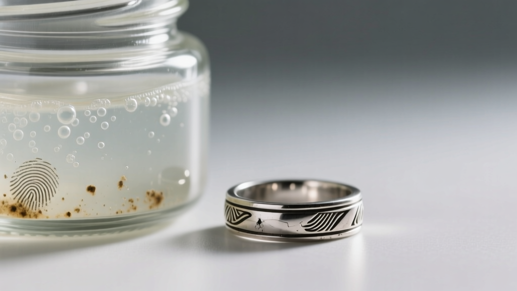 Cloudy expired jewelry cleaner in a glass jar beside a tarnished sterling silver ring under soft directional studio lighting