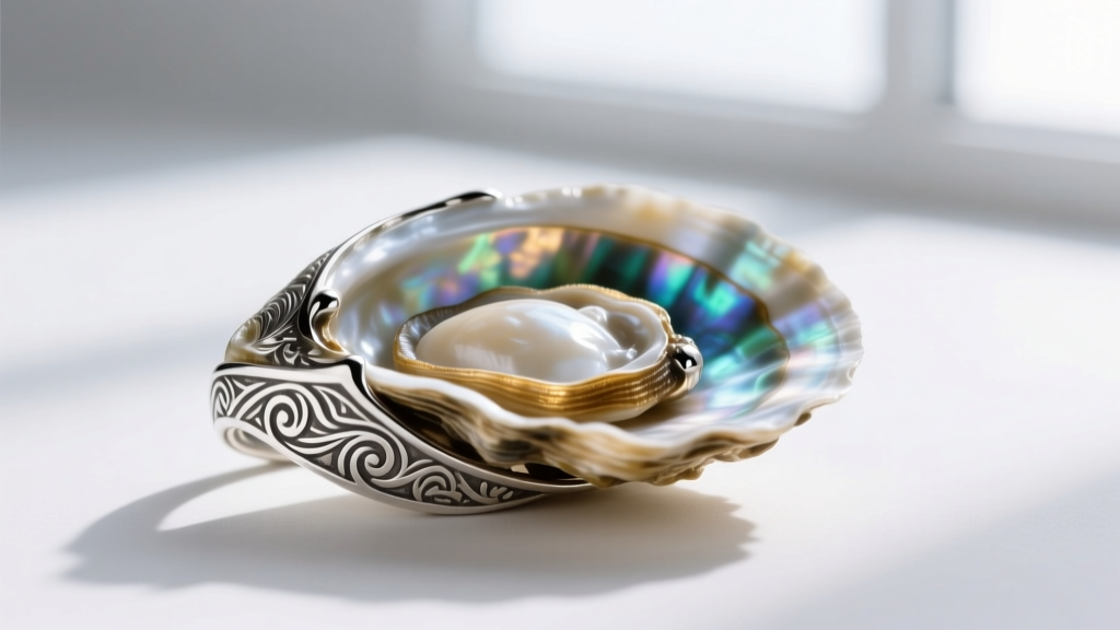 Macro view of a sterling silver bezel setting holding carved oyster shell, highlighting the intricate metalwork and secure fit.