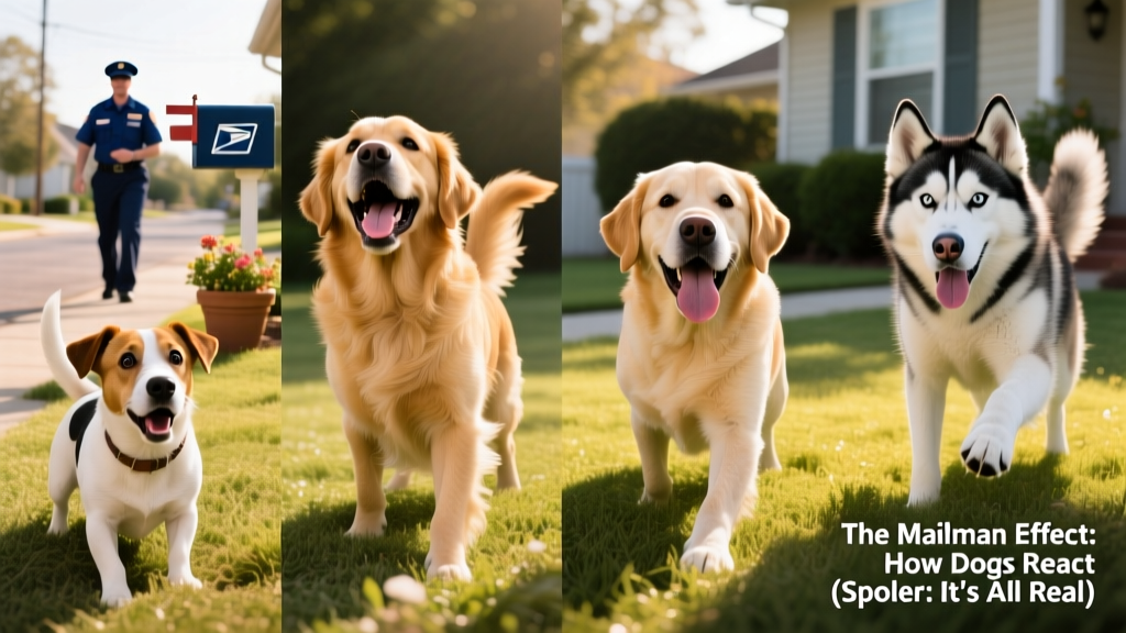 A playful side-by-side collage showing expressive dogs of various breeds—Jack Russell Terrier, Golden Retriever, Labrador Retriever, and Siberian Husky—each reacting dramatically to a distant figure in a uniform