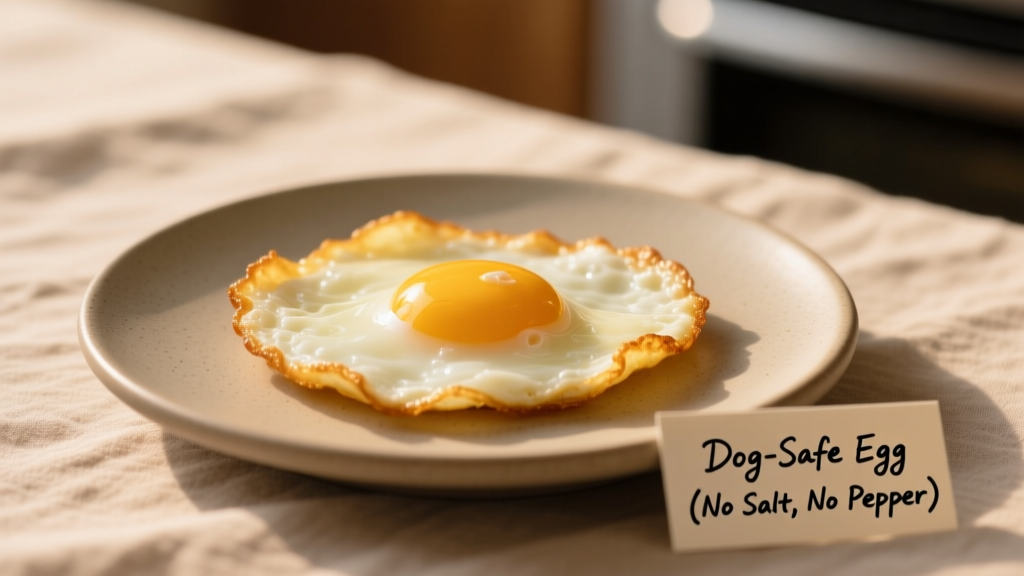 A golden-brown fried egg on a plain ceramic plate, no seasoning or oil visible
