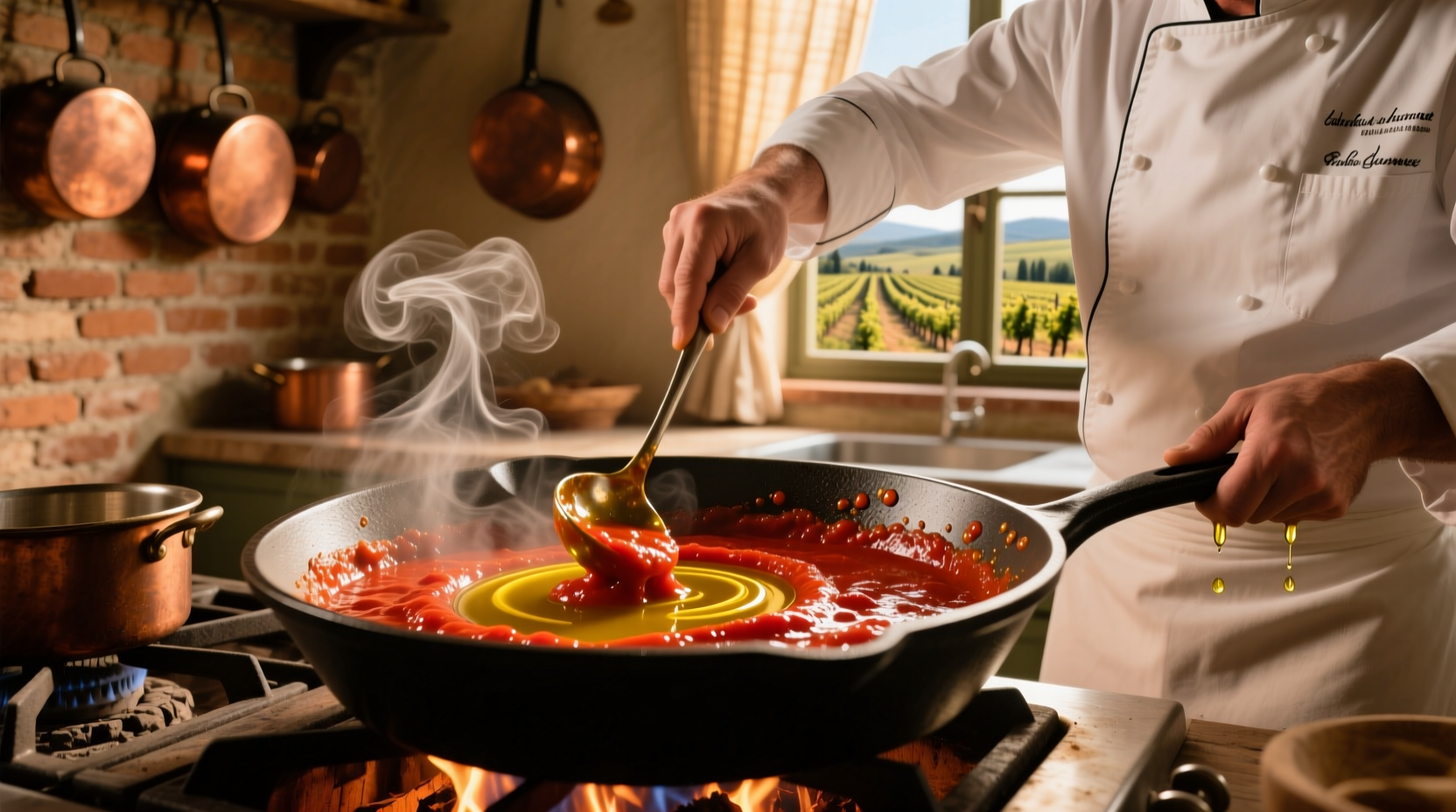 Chef stirring tomato paste in olive oil
