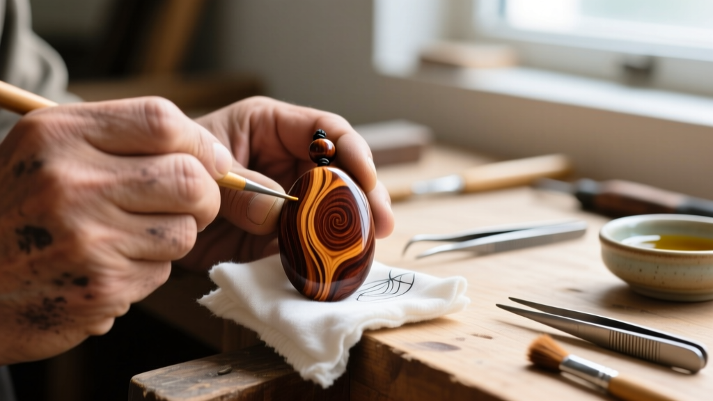 Artisan applying raw tung oil to a carved sandalwood pendant bead with a cloth, highlighting the deep wood grain contrast