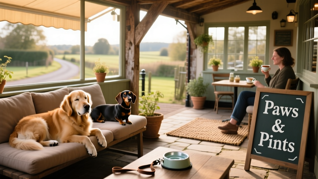 Two dogs relaxing in a cozy, sunlit dog-friendly pub with wooden beams and outdoor seating