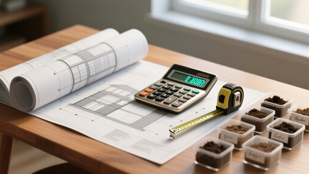 Architectural blueprints spread on a wooden table next to a calculator, tape measure, and soil samples for a custom home build