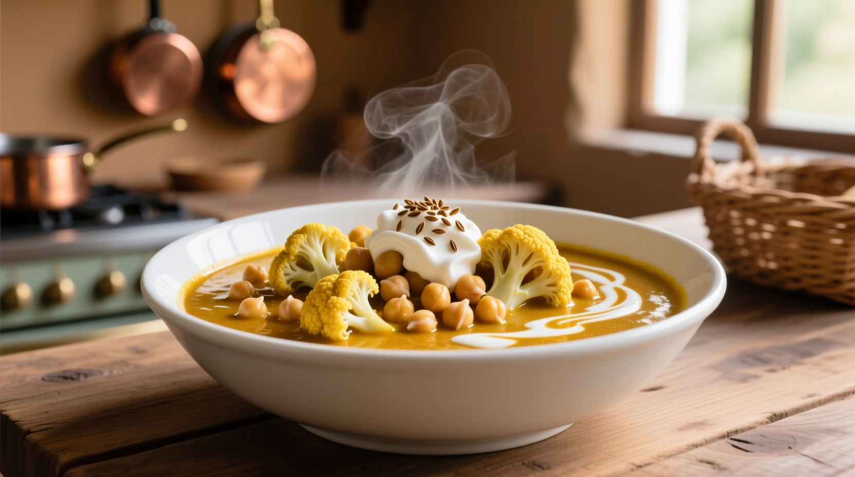 Golden cauliflower chickpea curry in white bowl