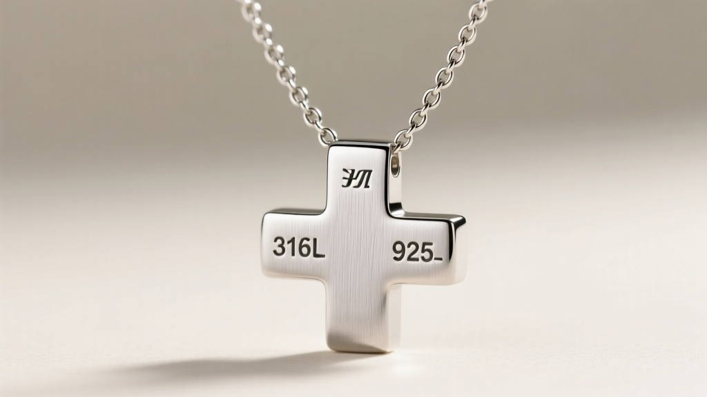 Macro shot of brushed 316L steel plus sign pendant on a 1.2mm box chain, showing precise laser-engraved metal hallmarks.