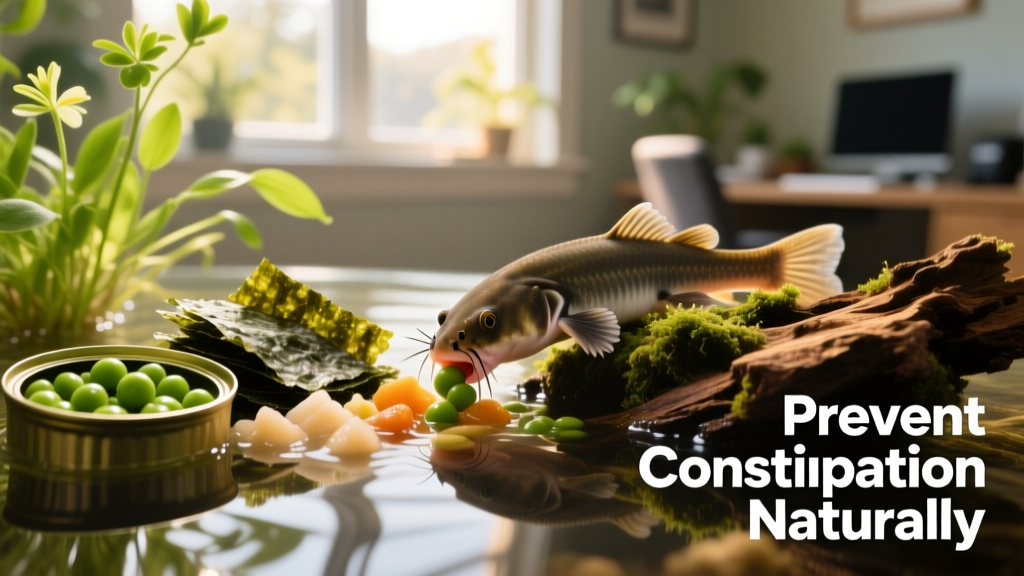 Aquarium setup featuring a variety of fiber-rich foods: tinned peas, nori sheet, fresh Elodea, and bogwood with a suckermouth catfish grazing