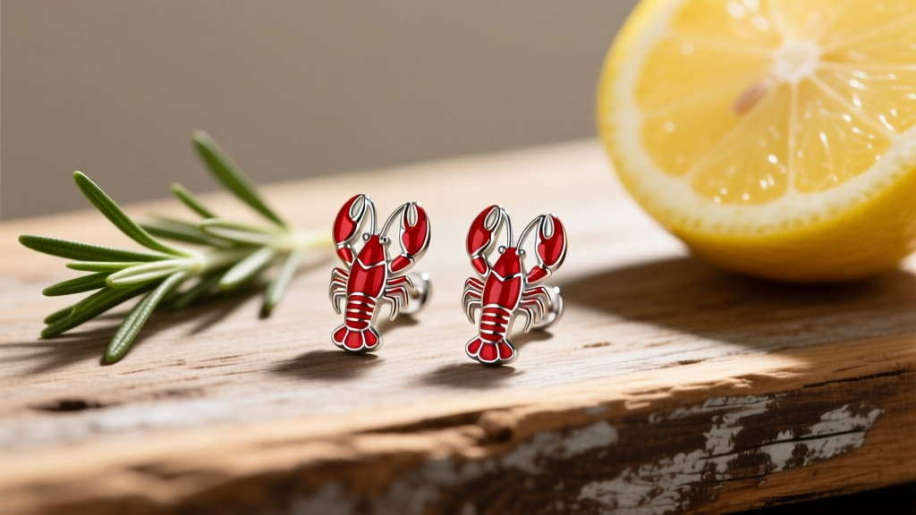 Red enameled silver crawfish stud earrings on rustic wood beside rosemary and a lemon wedge under soft natural lighting.