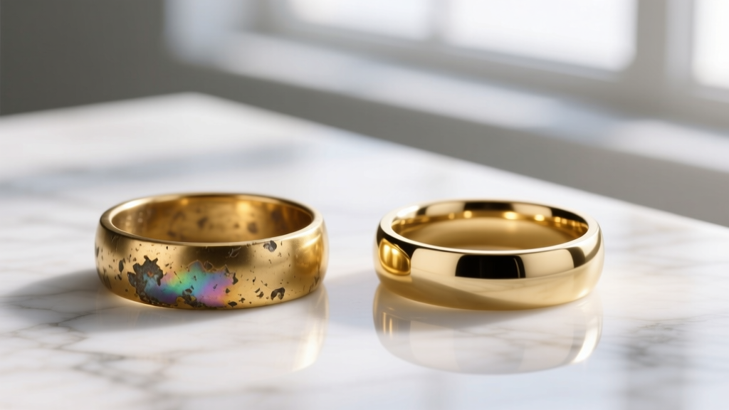 Macro shot of a tarnished gold-plated brass ring beside a pristine PVD-coated stainless steel gold ring on white marble.