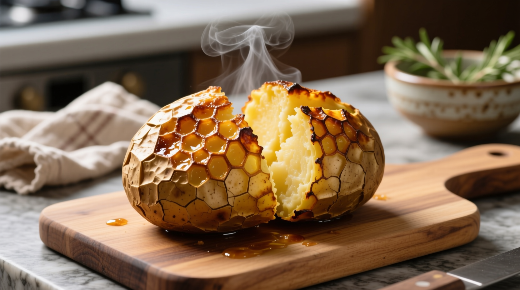 Golden baked potato with crispy skin